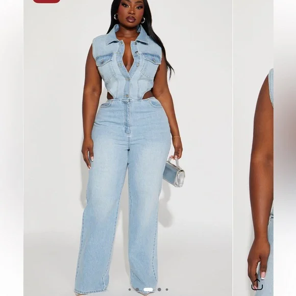 Fashion Nova Baylin Cutout Denim Jumpsuit – Size L – NWT - Picture 9 of 13